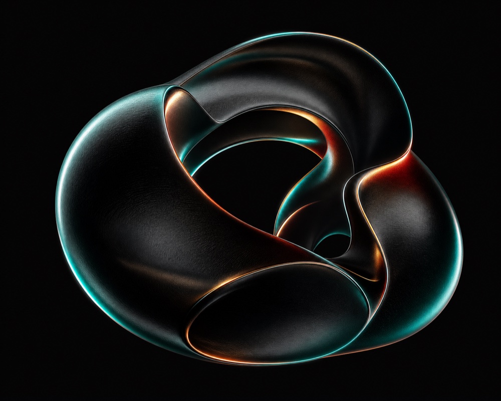 Organic AI core sculpture traced by teal and amber rim light