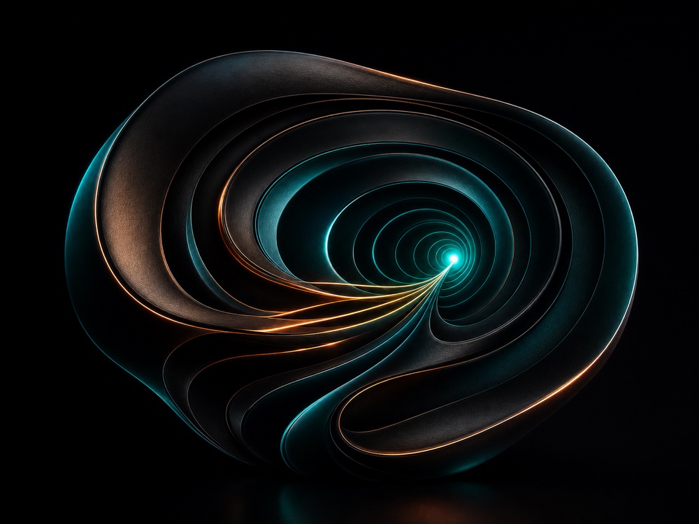 Pyro Search sculpture of signals converging through knowledge layers into a teal focal point